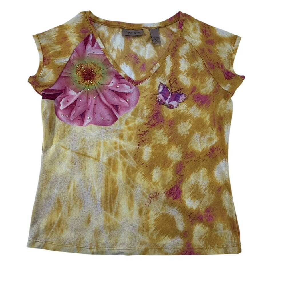 Vtg Y2k Stretchy Embellished V-neck Top Sz L‎ Petite Butterfly Cyber Grunge Rave